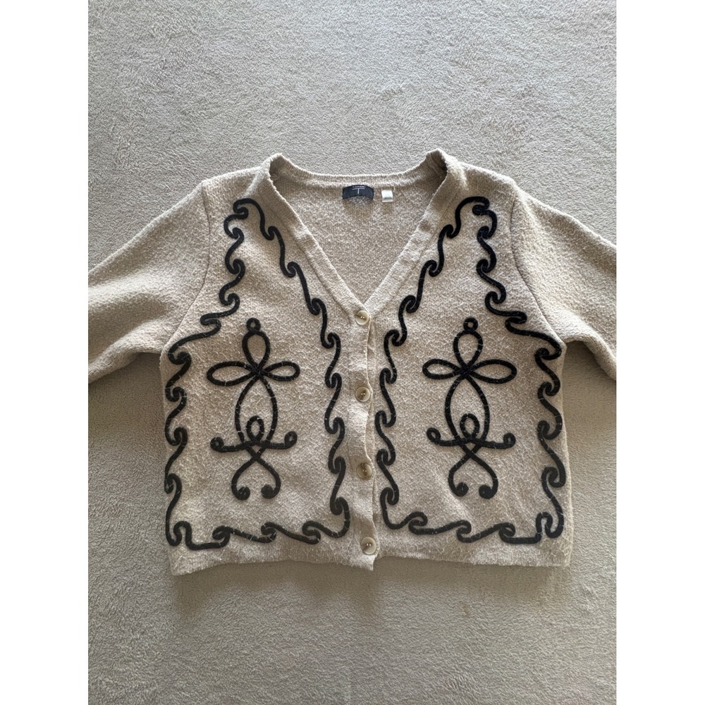 Tahari Oatmeal Beige Black Soutache Embroidered V-Neck Cardigan Sweater Large - Picture 1 of 7